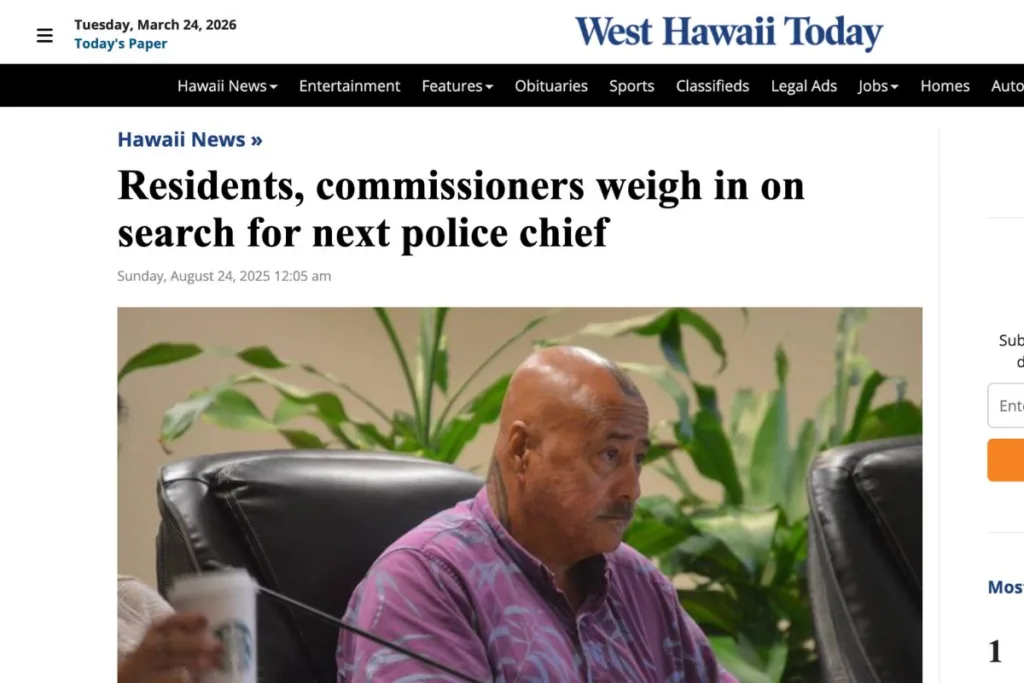 Screenshot of West Hawaii Today: Residents, commissioners weigh in on search for next police chief
