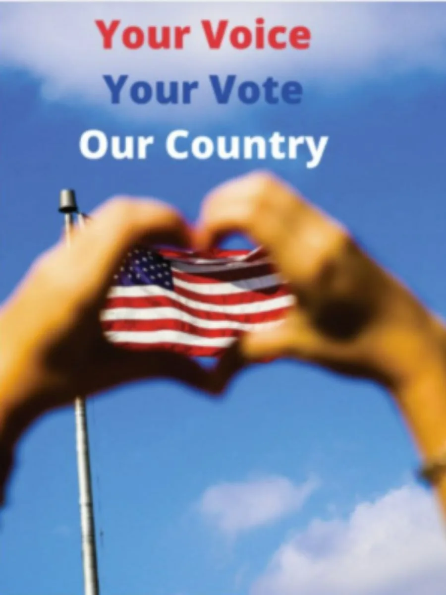 Postcard front saying "Your Voice, Your Vote, Our Country"